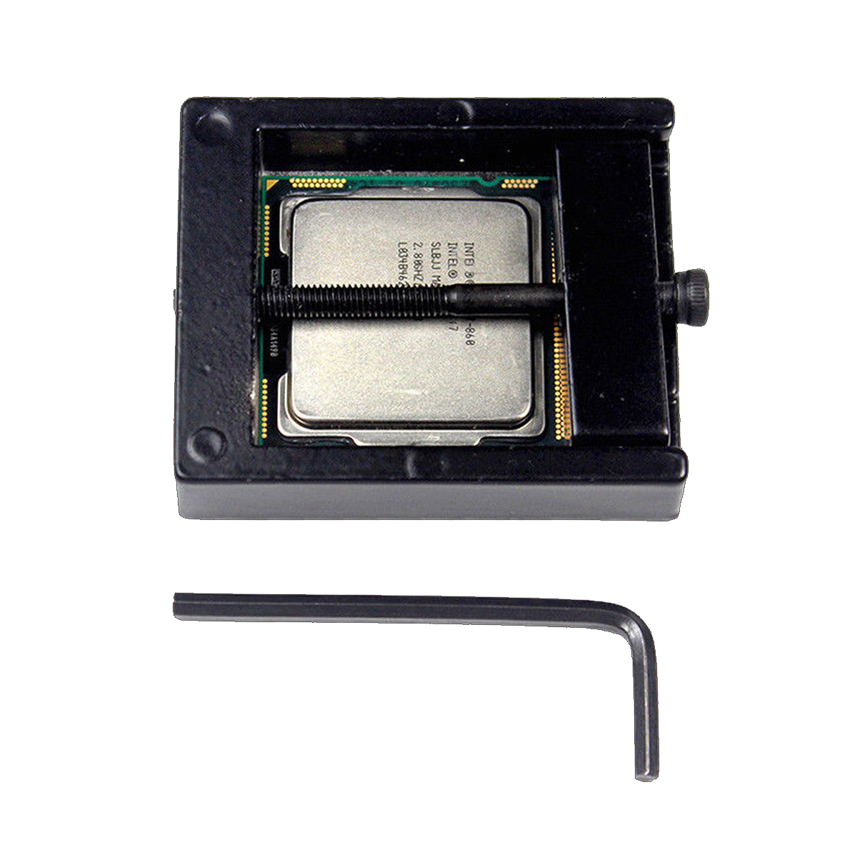 Die CPU ist vorsichtig in das Werkzeug eingelegt (Bild nur zur Veranschaulichung, andere CPU)