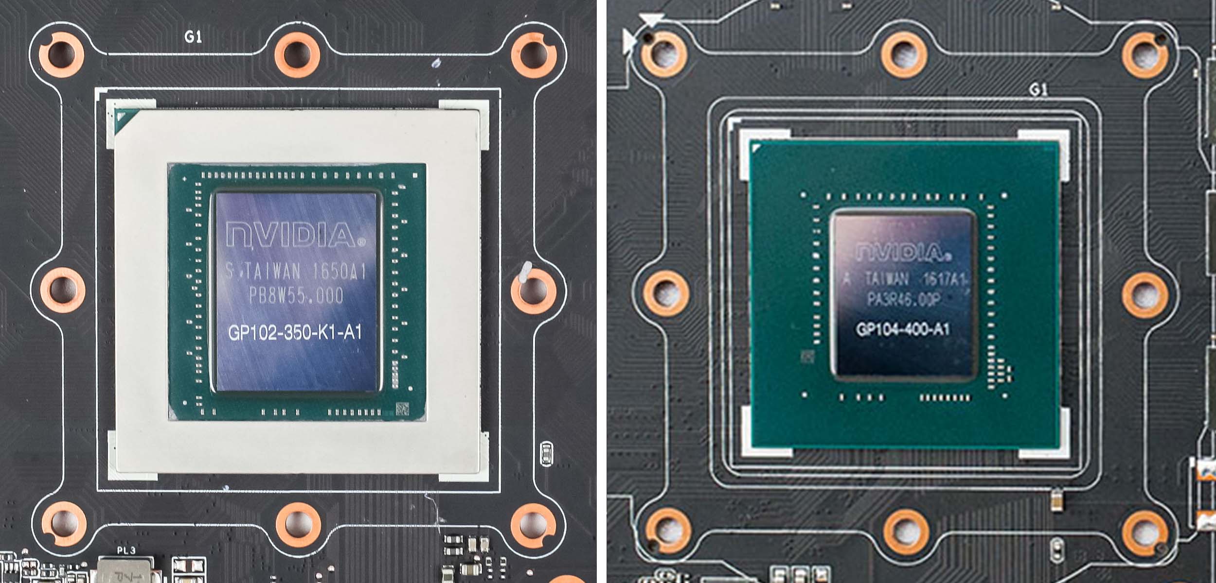 Die unterschiedlichen Platinenträger der Dies. Links 1080 Ti, rechts 1080 Advanced.
