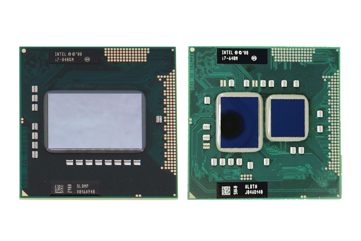 i7-840QM und i7-640M - Besonders auffällig ist das zweite Die auf dem i7-640M, das u.a. die integrierte Grafikeinheit beinhaltet (Und der doch enorme Größenunterschied des Dies der zwei Modelle)