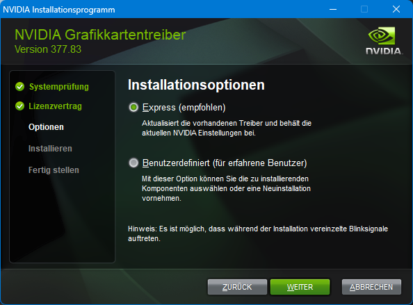 "Benutzerdefiniert" oder "Express" sollte keinen Unterschied machen.