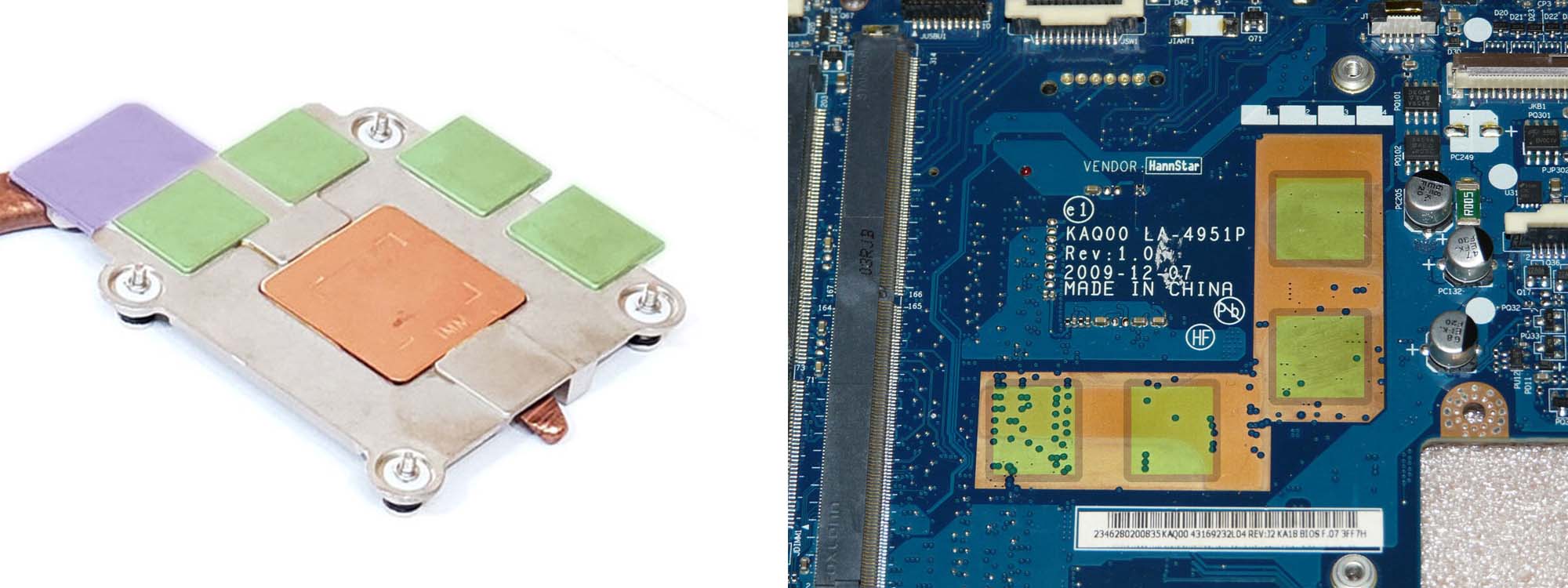 Hier sind die Kontaktflächen zur Kühlung gut zu sehen. An den grün markierten Stellen sitzen die Wärmeleitpads für die VRAM-Bausteine, die es auf beiden Seiten der GPU gibt. An der lila markierten Stelle am Kühler die Pads für die VRMs der Grafikkarte.