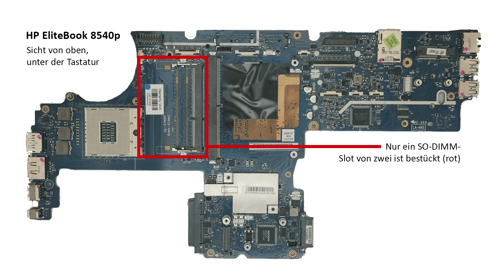 Mainboard des 8540p, Oberseite.