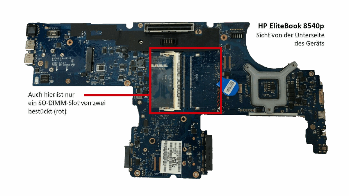 Mainboard des 8540p, Unterseite.