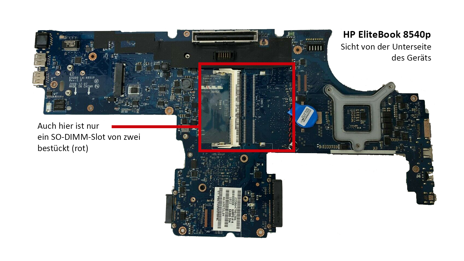 Mainboard des 8540p, Unterseite.