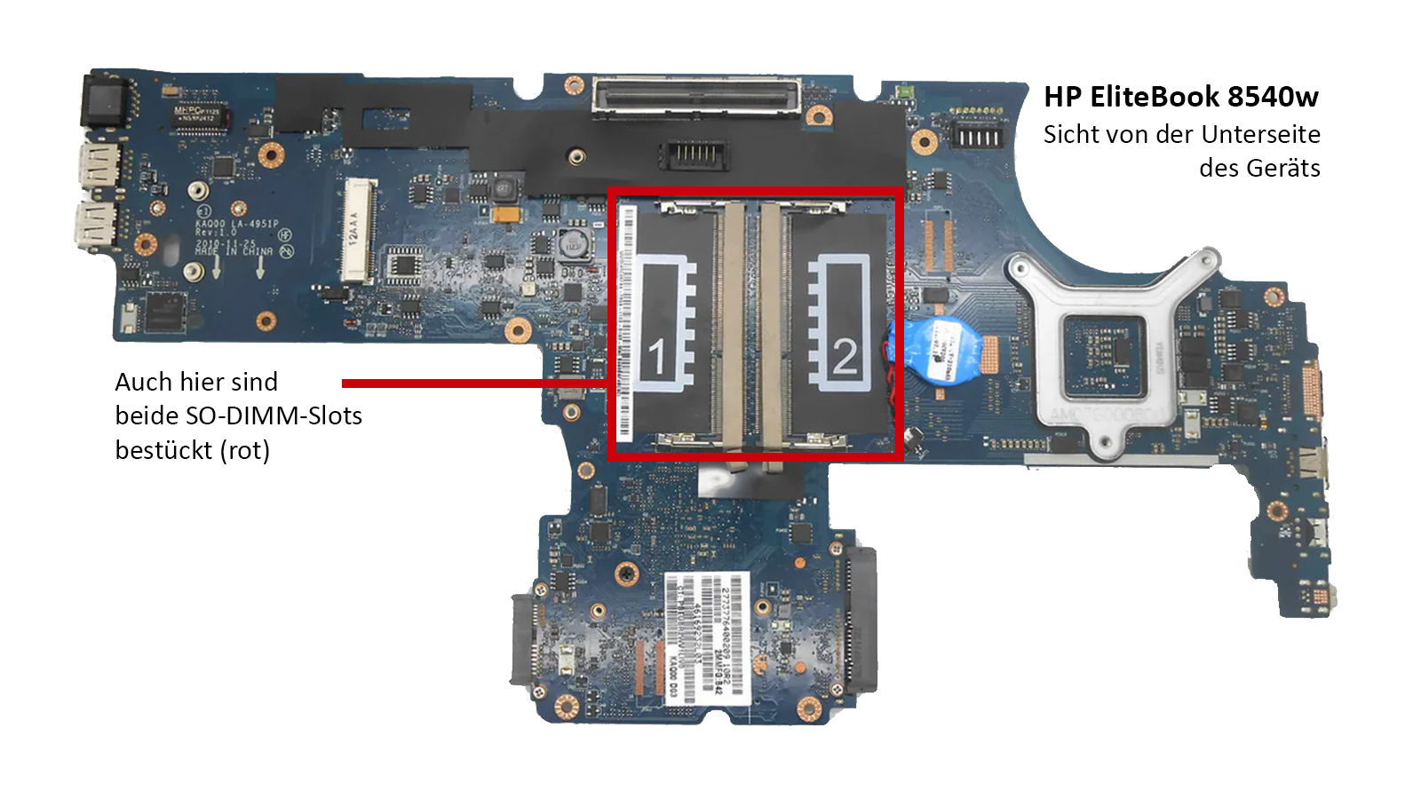 Mainboard des 8540w, Unterseite.