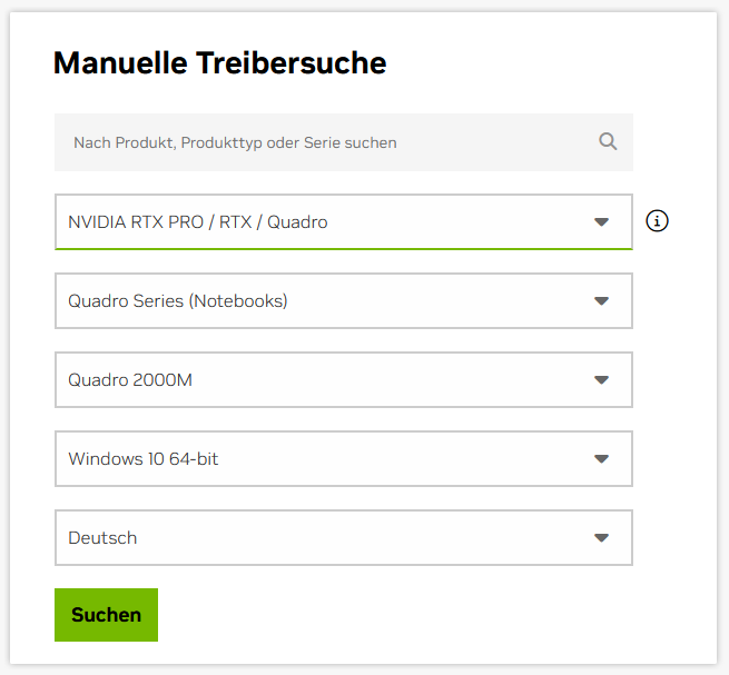 Manuelle Treibersuche bei Nvidia.