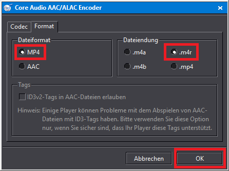 "MP4" als Dateiformat und "m4r" als Dateiendung auswählen und mit "OK" bestätigen