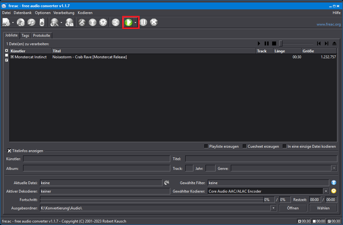 Mit Klick auf den grünen Button die Konvertierung starten