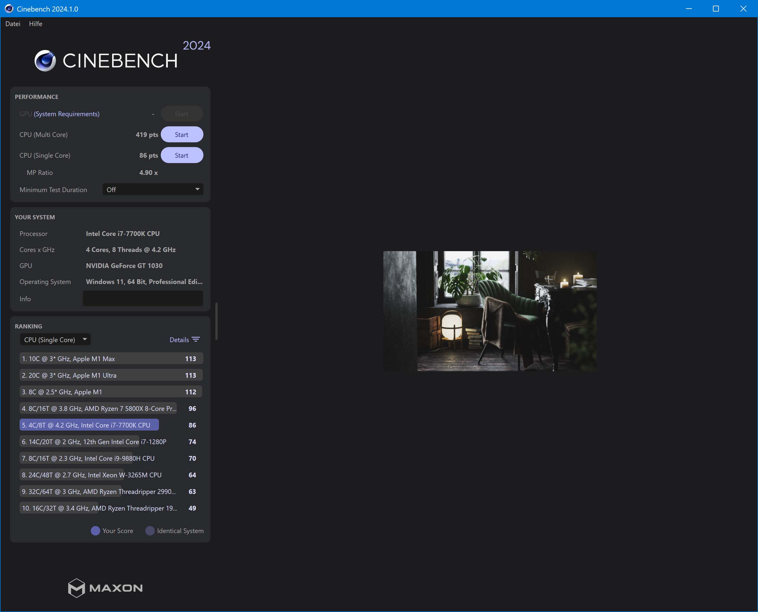 Cinebench R24 - 86 Punkte im Single bzw. 419 im Multi
