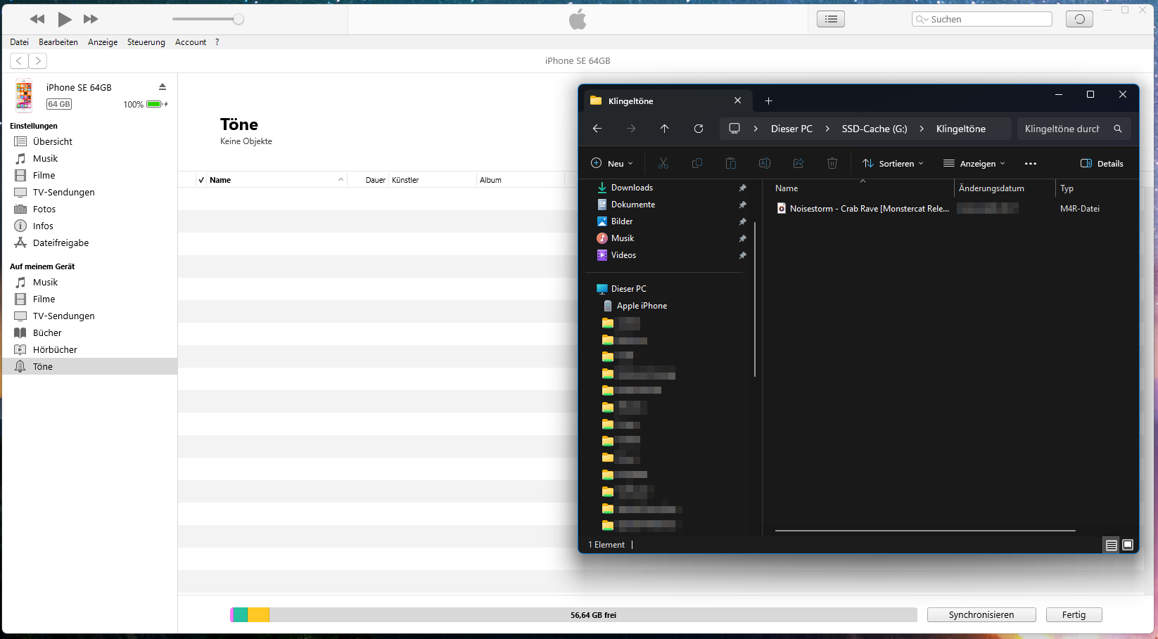 Ein Dateiexplorerfenster mit dem Speicherort der m4r-Datei so positionieren, das Drag and Drop möglich ist