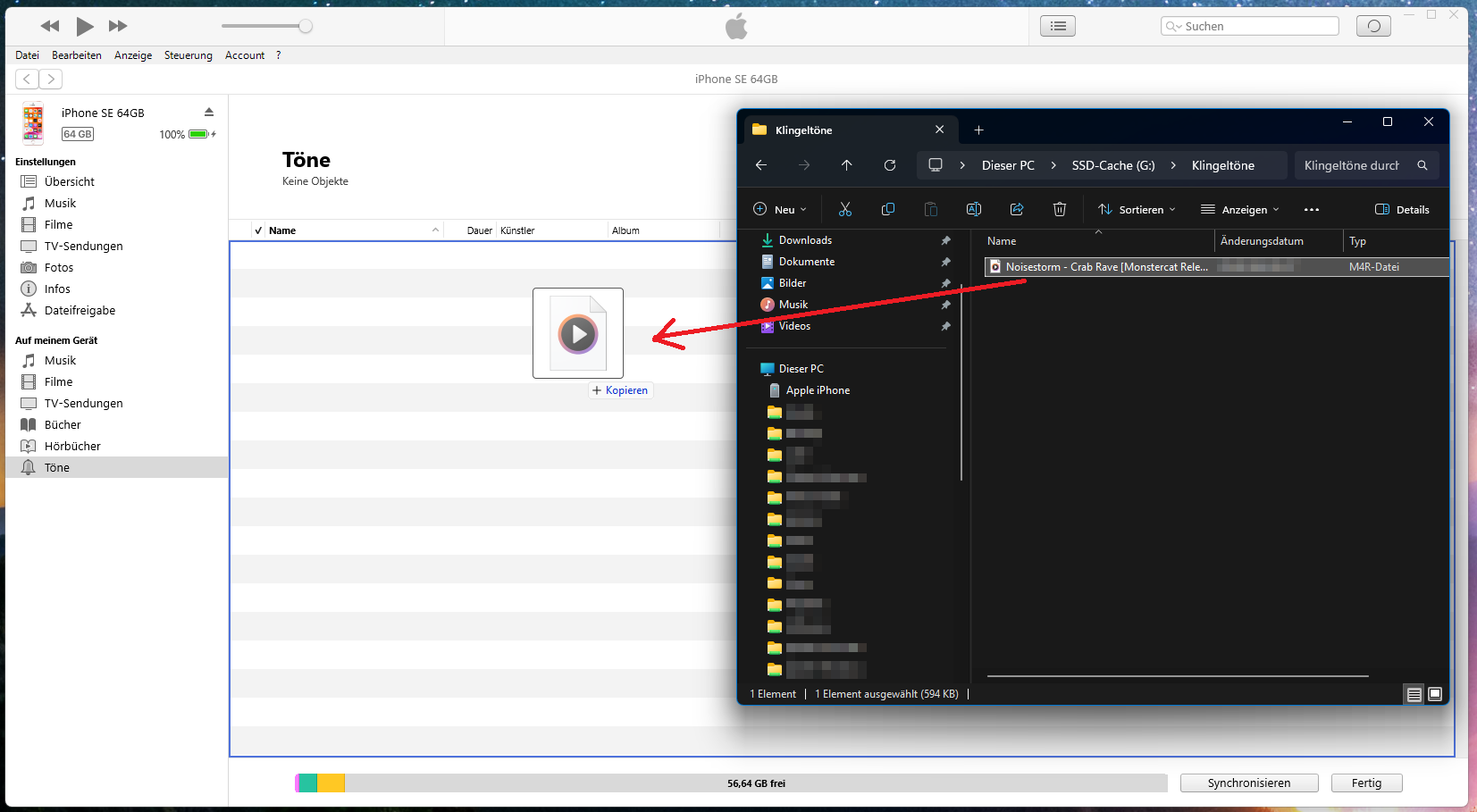 Die m4r-Datei in den blau umrandeten Bereich ziehen und loslassen