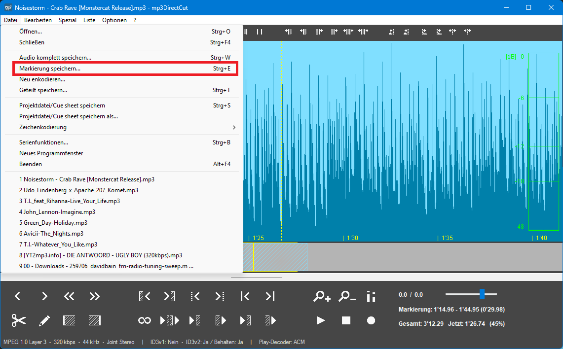 Markierung als neue, gekürzte MP3-Datei speichern
