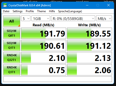CrystalDiskMark der HDD in einem Dock von Orico via USB 3.0 zum Vergleich