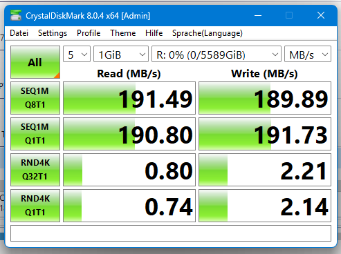 CrystalDiskMark der HDD im WD MyBook Gehäuse