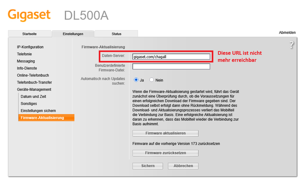Die alte Daten-Server-URL