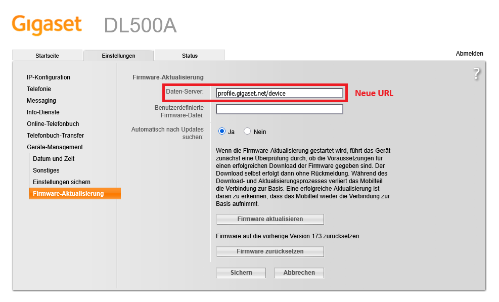 Die neue Daten-Server-URL dort eintragen
