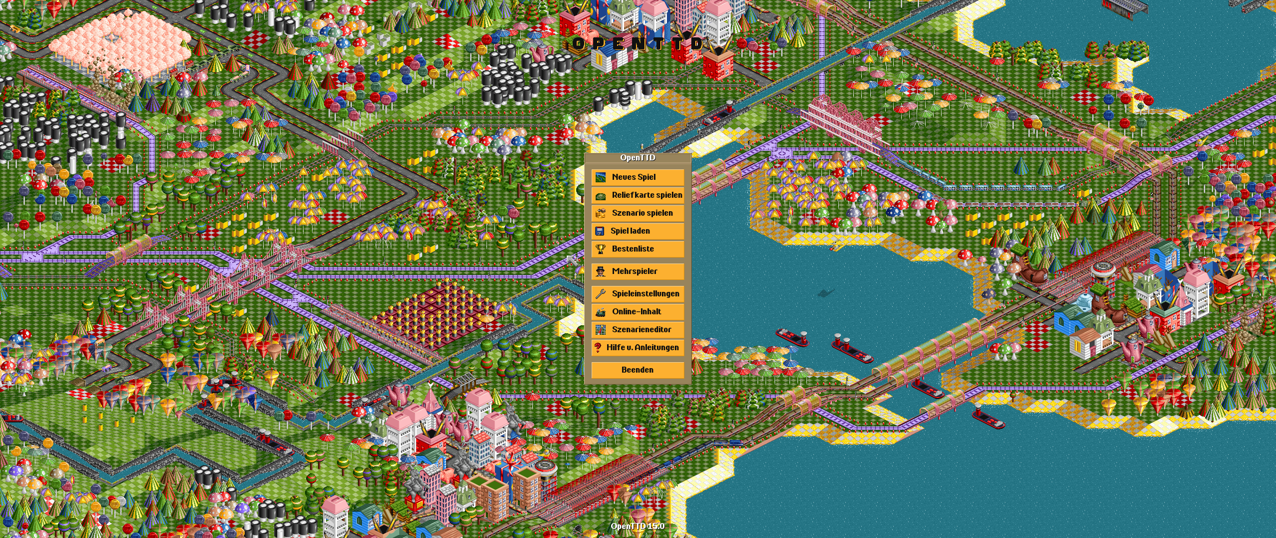 OpenTTD - Ebenfalls das Hauptmenü mit nativer Auflösung auf einem LG Ultrawide Bildschirm (2560x1080, 21:9)