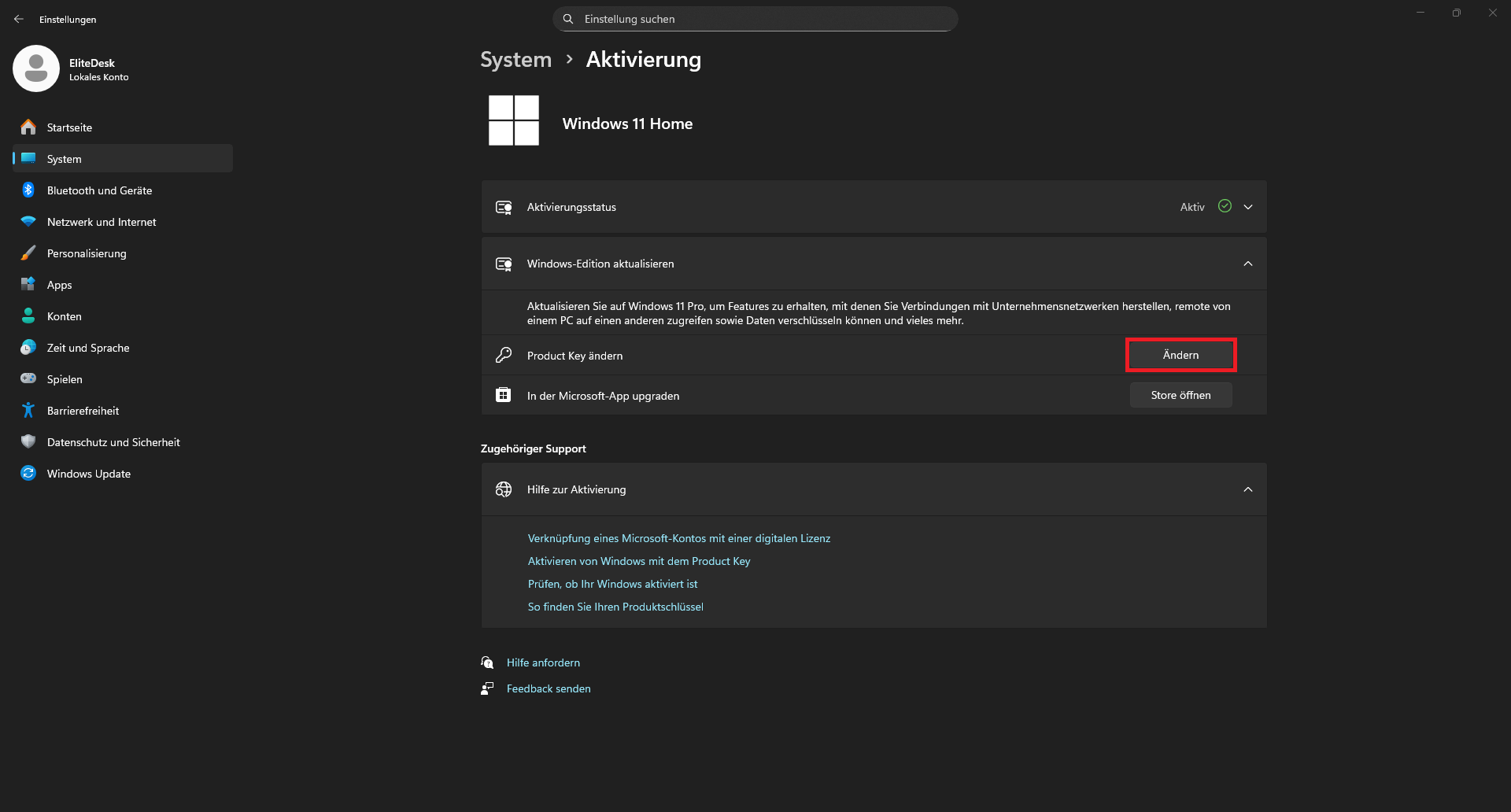 "Ändern" um einen anderen Product Key eingeben zu können